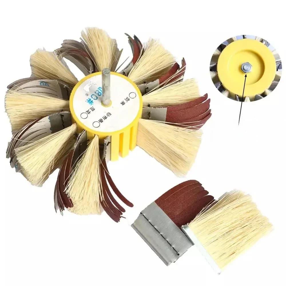 Roue de polissage à poils en sisal et toile émeri montée sur tige de 150 mm x 6 mm pour ponçage de primaire sur bois, grain 80/120/180/240/320/400
