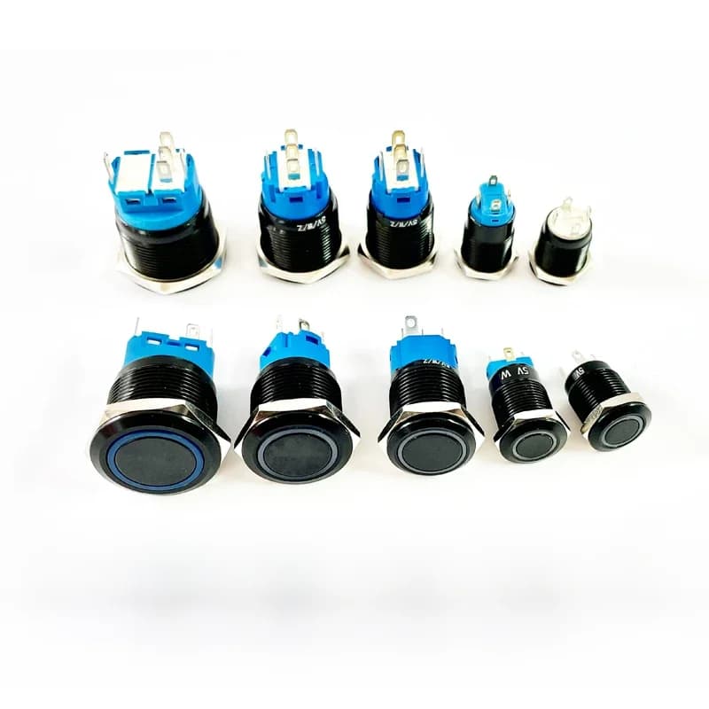 Interrupteur à bouton-poussoir noir 12/16/19/22mm, étanche, éclairé par LED, en métal plat, interrupteurs momentanés avec marquage d'alimentation 5V 12V 24V
