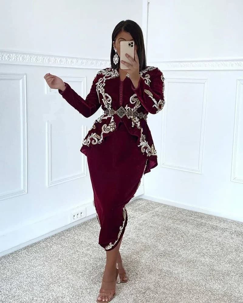 Robe de Soirée en Velours à Manches sulf, Caftan Arabe, Longueur Thé, Bordeaux, Dubaï, Arabie Saoudite, Perles, Robe de Bal, Karakou