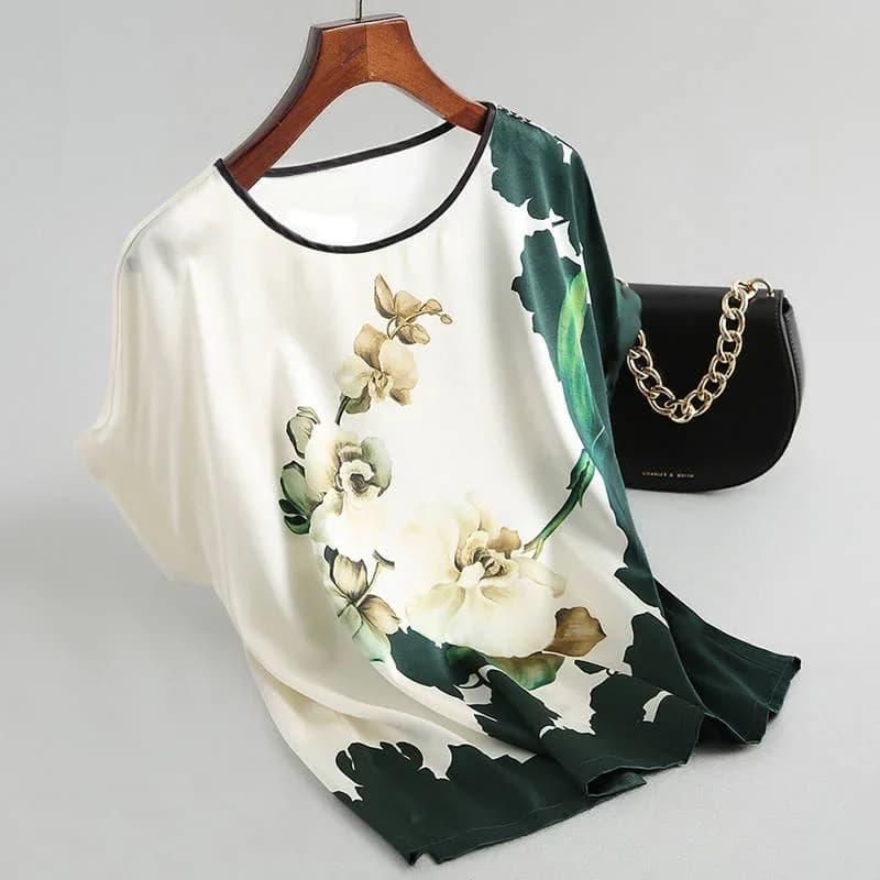 Mode imprimé fleuri Blouse pull dames soie Satin grande taille manches chauve-souris Vintage T-shirt décontracté à manches courtes hauts