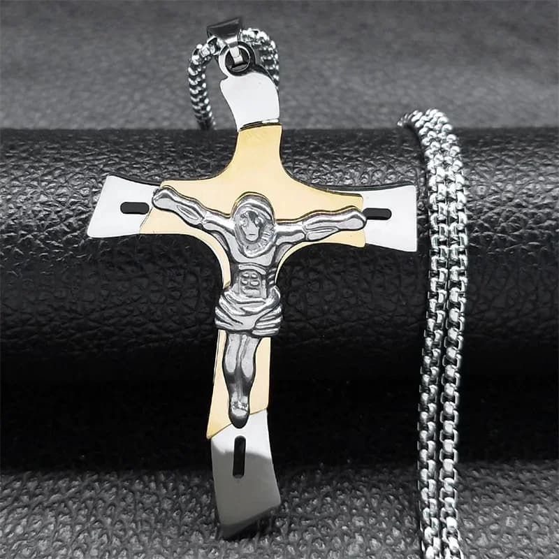 Collier pendentif multicouche en acier inoxydable avec croix de Jésus, couleur or et argent, bijoux pour homme, Collier Homme NXH43S02