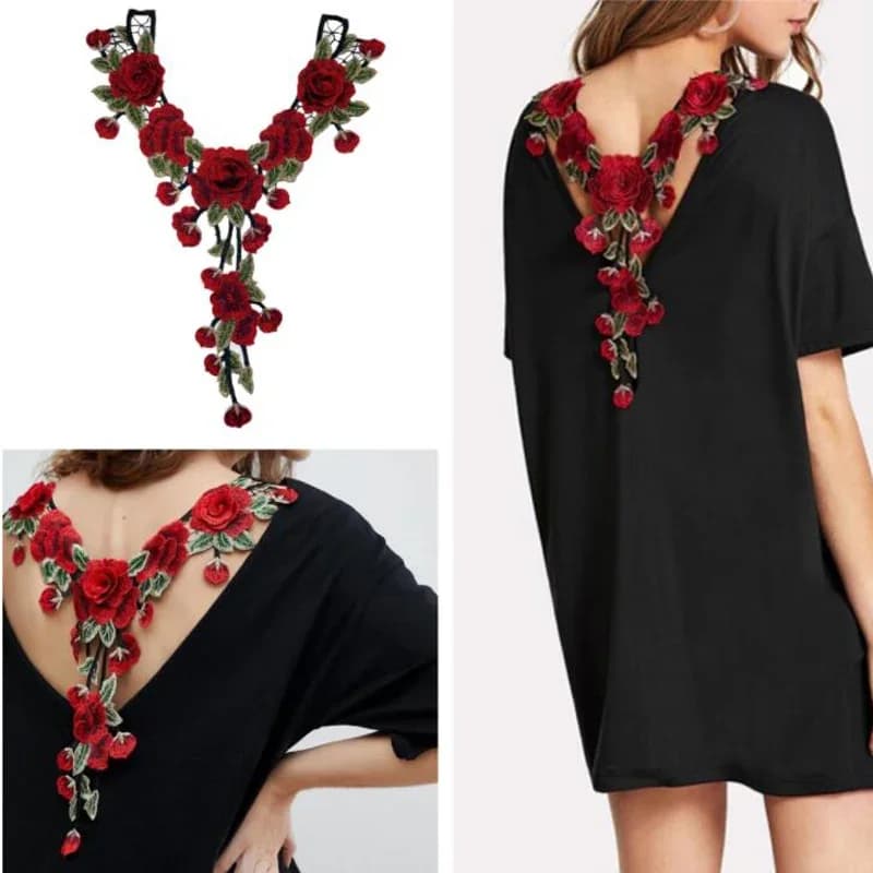 Faux col en dentelle à fleurs rouges pour femmes, chemisier décoratif, col à revers pour robe, accessoires de pull, 40x30CM