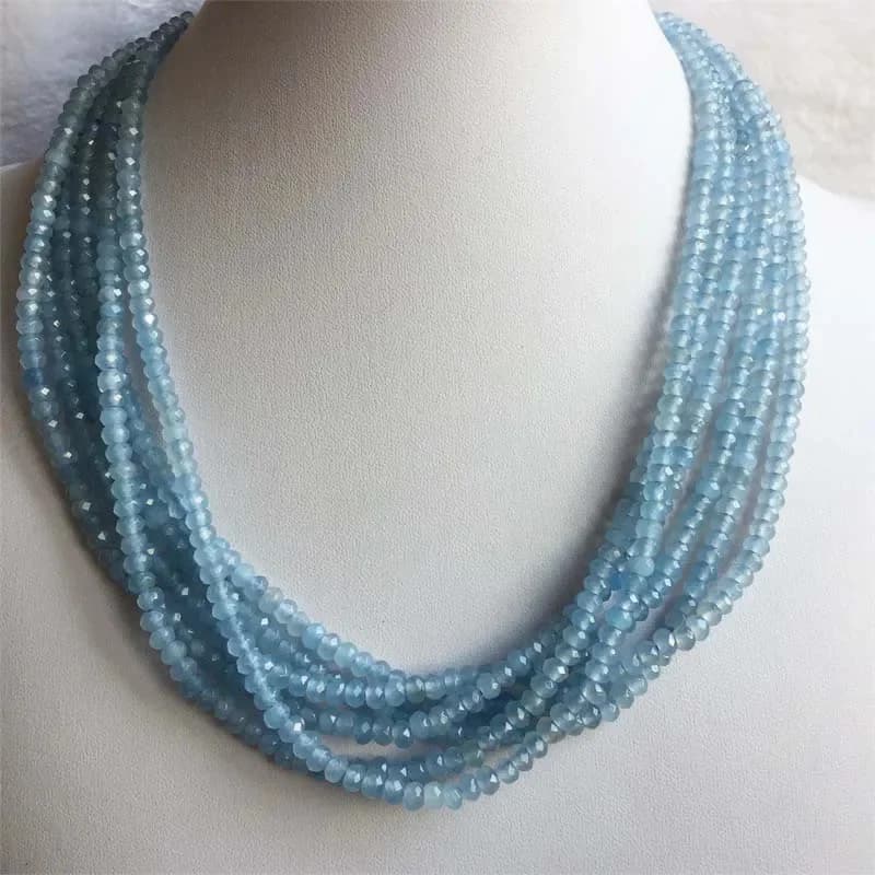 Collier en Aigue-marine à Facettes, Bijou Vintage en Pierre Naturelle, Noble, Élégant, Exquis, Perlé, Ras du Cou, 3x4mm