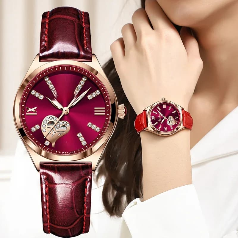 Stalkta-Montre à quartz de luxe pour femme, montres en cuir étanches, horloge pour femme, or rose, vin rouge, nouvelle boîte