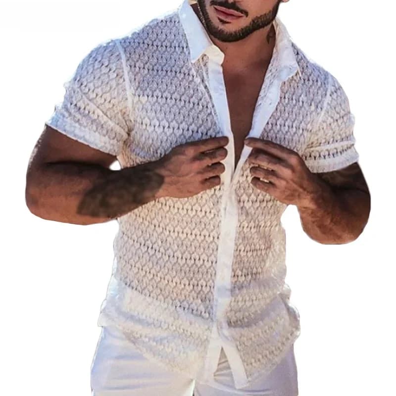 INCERUN hommes maille chemise dentelle revers manches courtes Streetwear 2023 voir à travers décontracté Y-Sexy fête discothèque chemises Camisas S-5XL