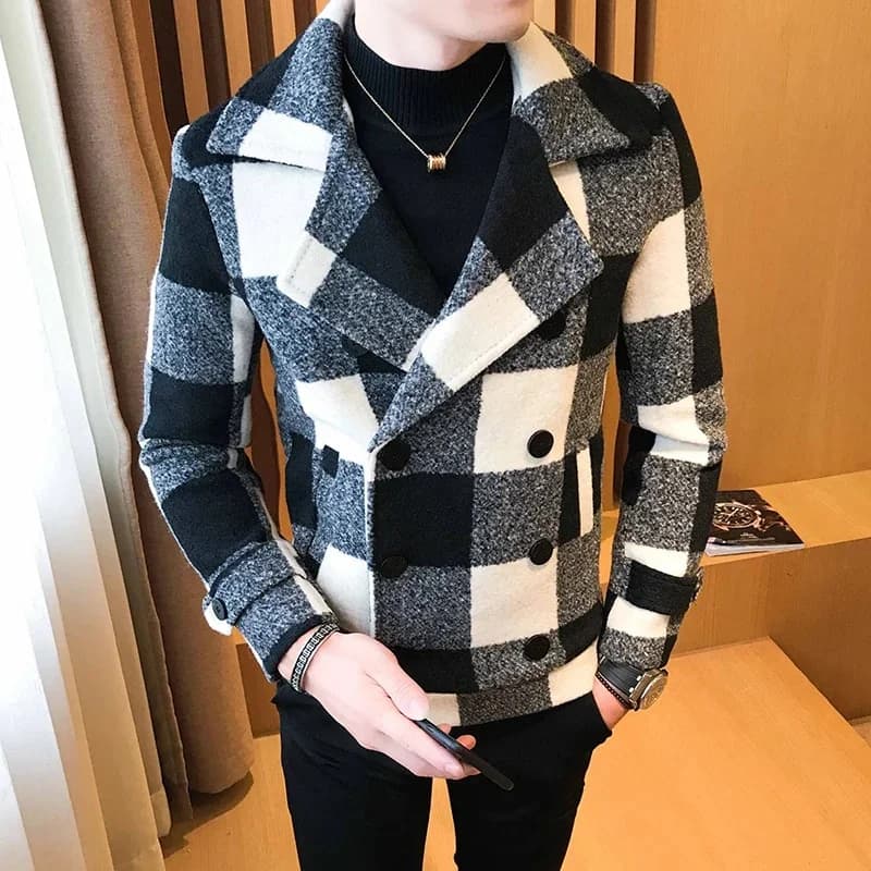 Manteau court en laine pour homme automne/hiver 2026, veste épaisse et chaude de haute qualité, à double boutonnage, à carreaux, décontractée et élégante pour homme.