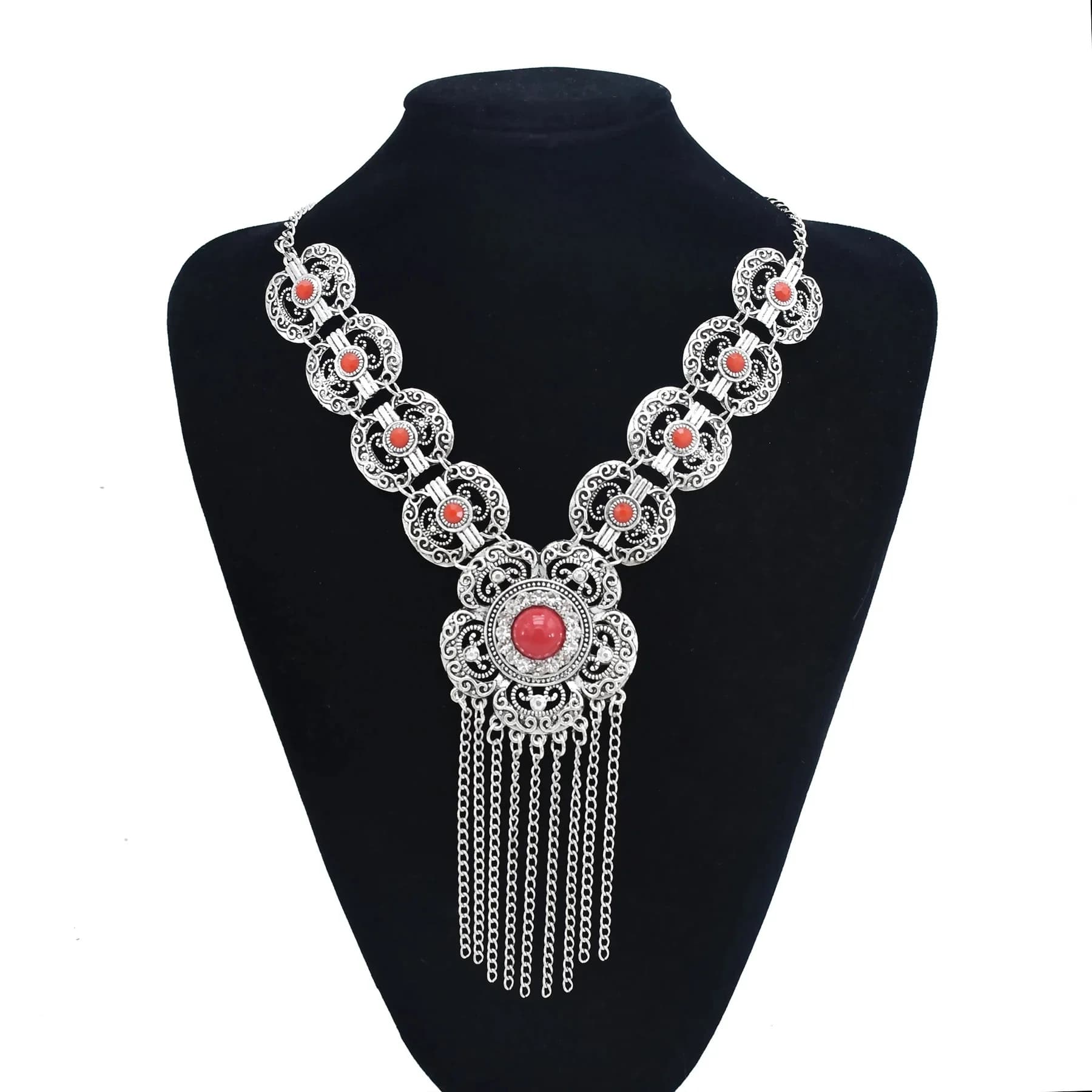 Colliers gitans à pampilles longues en pierre rouge et bleue pour femmes, style Boho, turc, Tribal, Afghan, fleur creuse, bijoux de fête