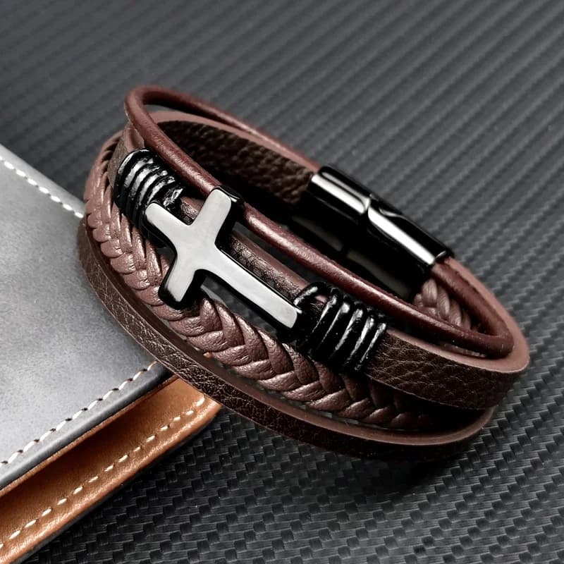 Breloque acier inoxydable cuir croix marron/noir Bracelet hommes Hiphop bijoux fermoir magnétique multicouche mâle manchette Wrap Bracelet cadeau