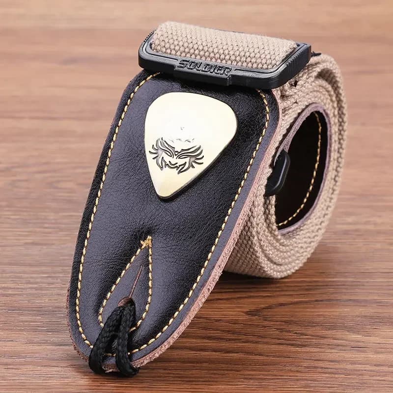 Sangle de guitare basse électrique acoustique de soldat, extrémités en cuir noir, ceinture d'épaule avec LOGO en métal personnalisé, accessoires de guitare