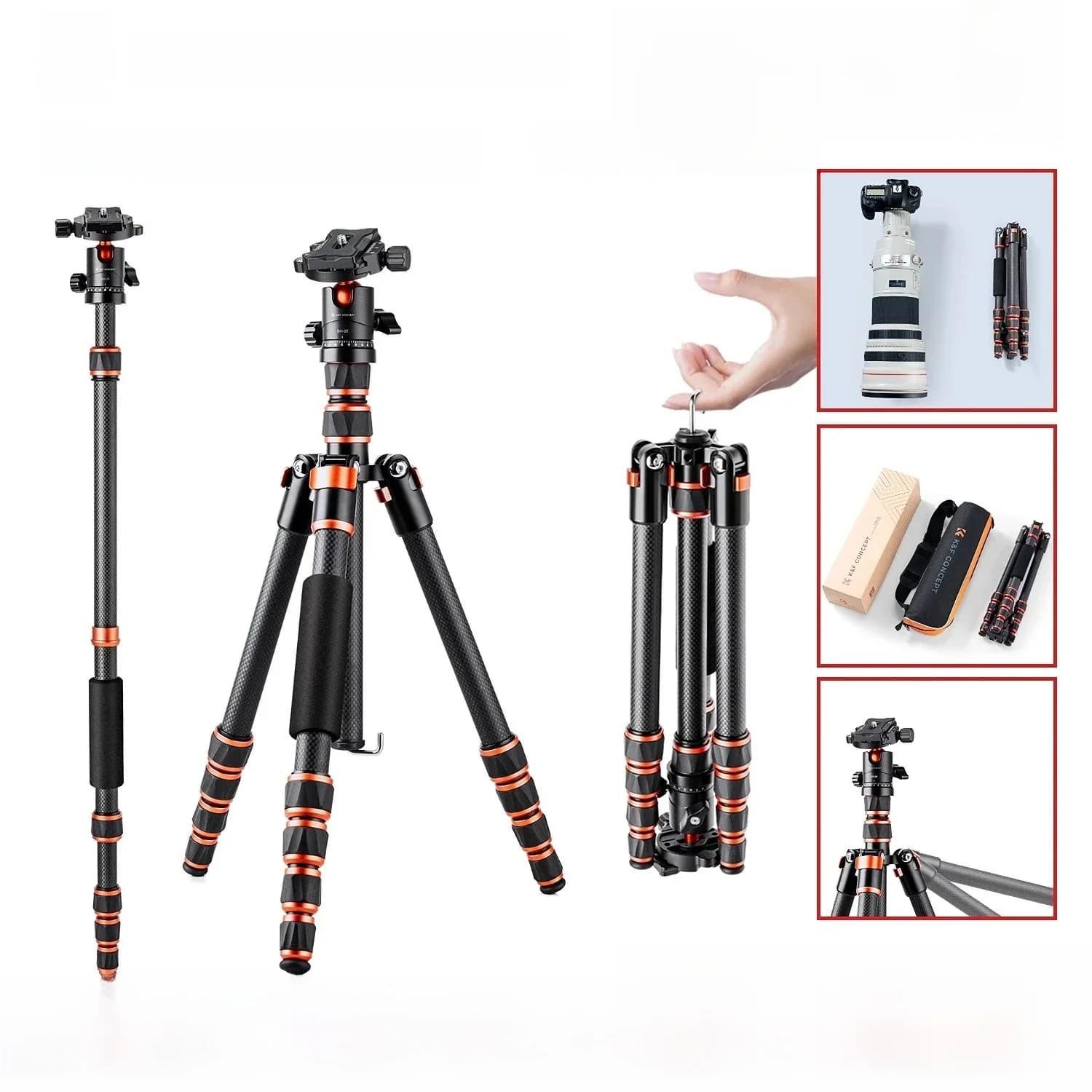 Trépied pour appareil photo en fibre de carbone K&F CONCEPT 60''/152 cm, trépied de voyage léger, 8 kg/17,6 lb avec rotation à 360° ° Rotule pour Canon, Sony, Nikon
