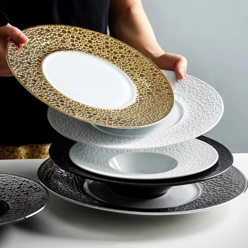 Assiettes à dîner rondes en céramique or, Surface lunaire créative, plats noirs, assiette Plate pour soupe et Steak, bol à pâtes ménager, vaisselle