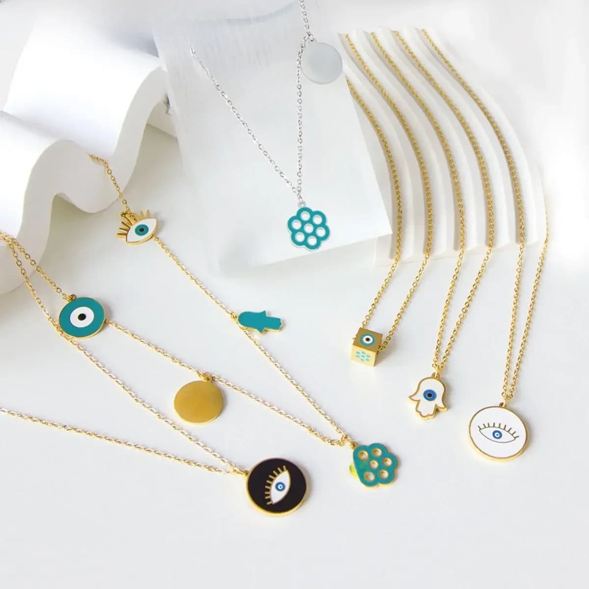 LUXUKISSKIDS-main de fatma collier acier inoxydables femme,Collier Hip Hop Yeux Turcs pour Femme, Acier Inoxydable, Breloques Porte-Bonheur Bleu, Tour de Cou, Main de Fatima du Hamas, Bijoux