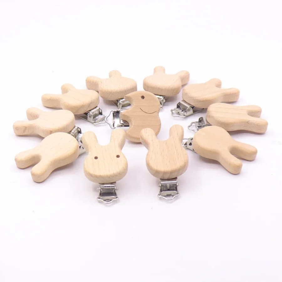 Attache-sucette lapin en bois, 5 pièces, accessoires pour bébé, sucette animale en bois, support métallique, sucette éléphant, dents de bébé en bois