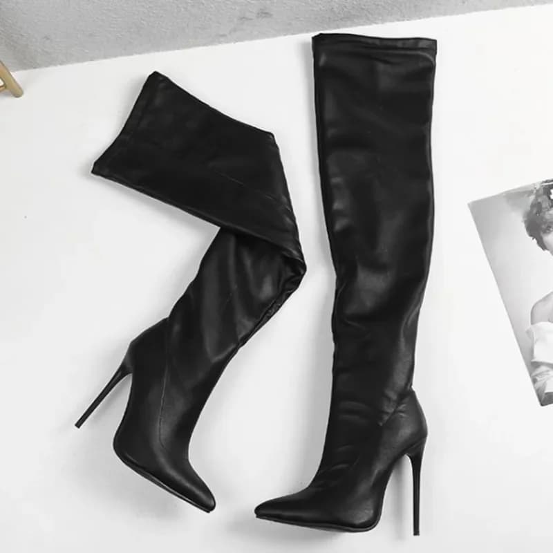 Cuissardes en cuir noir pour femmes, chaussures sexy à talons fins, bottes au-dessus du genou pour dames, Parker pointu, nouvelle mode, haute qualité