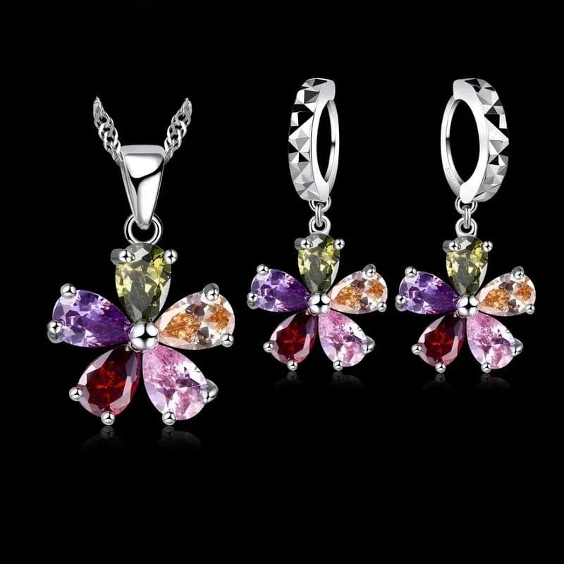 Cinq Pétales Fleurs Coloré CZ Cristal Ensembles de Bijoux Pendentif 925 Collier Dangle Boucle D'oreille Ensembles Pour Les Femmes