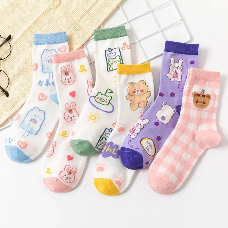 Chaussettes à imprimé Animal Harajuku Kawaii pour femmes, Design lapin ours, chaussettes mignonnes, peinture à l'huile abstraite, Style coréen, Art créatif Sokken