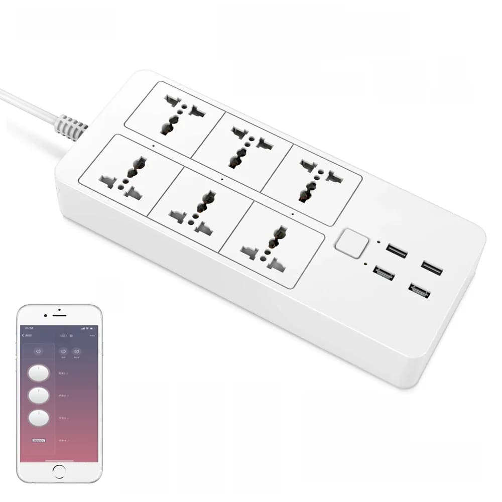 Multiprise intelligente Wi-Fi universelle avec contrôle vocal Alexa Google Home Bluetooth, 6 prises CA, 4 ports USB, compatible UK/EU/US/AU