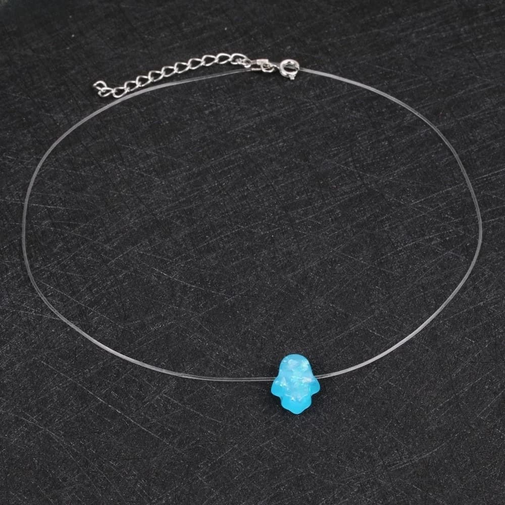 Collier avec pendentif main de Fatima pour femme, opale Hamsa bleue et blanche, ligne de poisson transparente, tour de cou, bijoux fantaisie