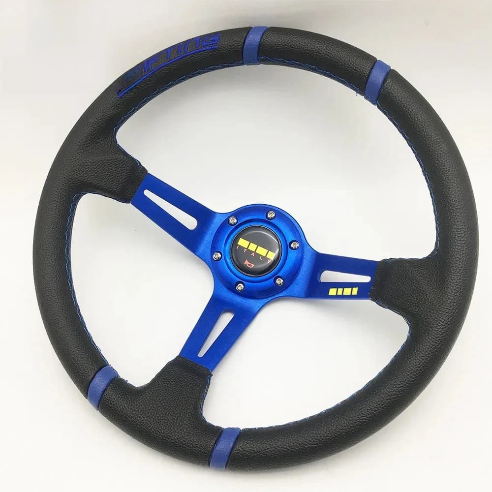 Volant de voiture de Sport universel, en PVC, en cuir, à la dérive, bleu, or, rouge, avec Logo MO, 14 pouces, 350MM