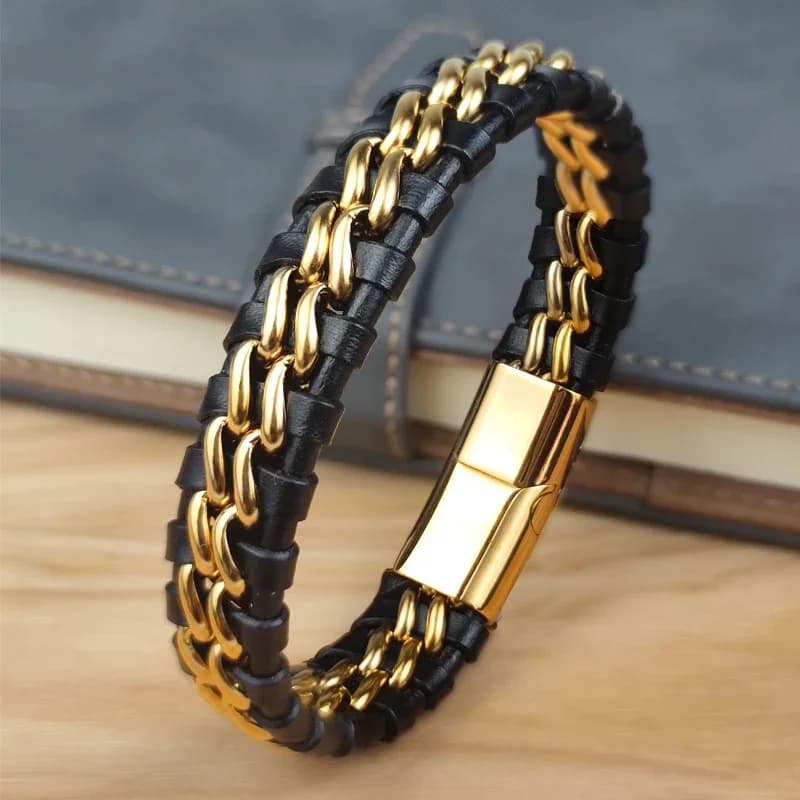 Bracelet en cuir véritable pour homme avec fermoir magnétique en acier inoxydable plaqué or – Bijou exclusif, idéal pour la vente en gros