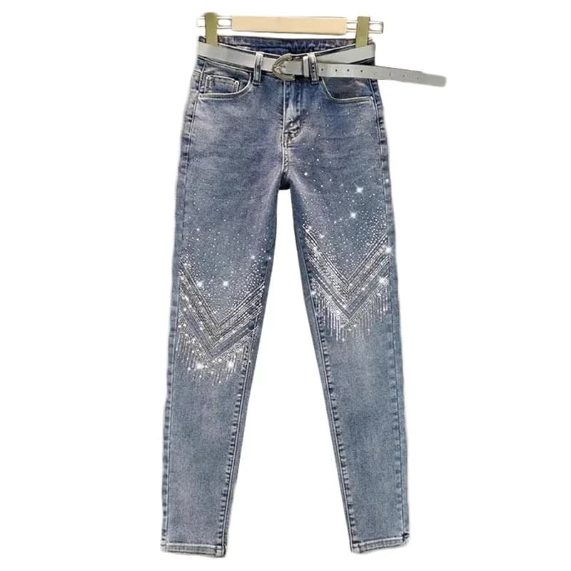 Jean slim à strass pour femmes, taille haute, pantalon 9 Points, salopette en Denim, élastique, industrie lourde, printemps, automne,