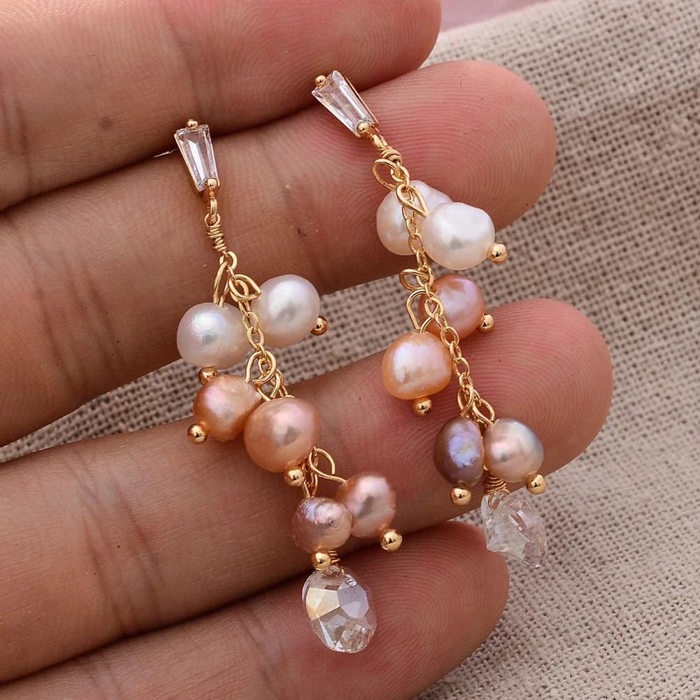 Original fait à la main 14K or rempli naturel perle d'eau douce brillant cristal raisin dames gland boucles d'oreilles vente chaude bijoux