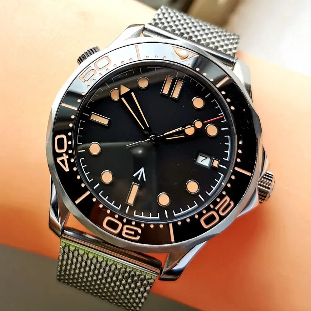 MINGZHU2813-Montre existent pour Homme, Cadran Noir, Bracelet en Maille, Verre Saphir, Indicateur de Date, Marqueurs Orange, PT5000 NH35 MIYOTA8gem, 41mm