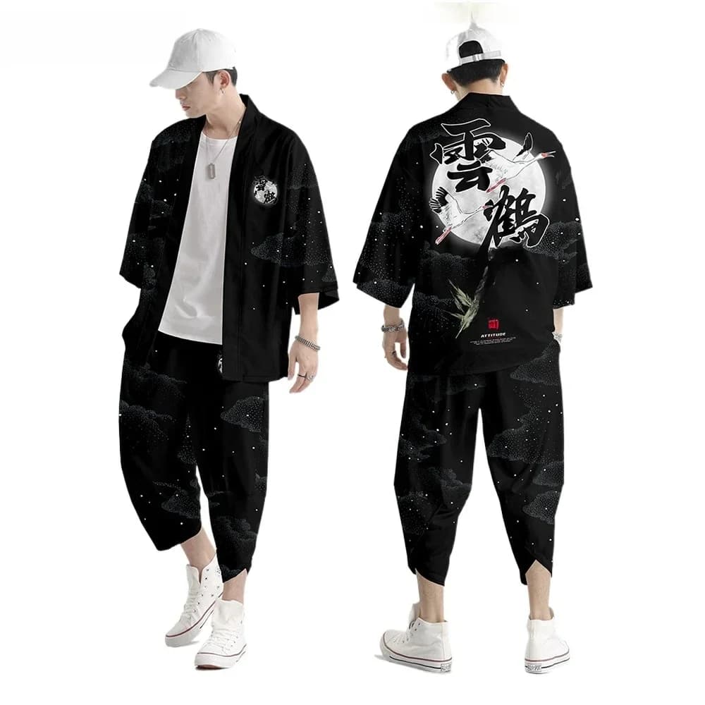 Ensemble Deux Pièces Style Harajuku Japonais pour Homme et Femme Vêtement Ample, Yukata, Samouraï, Kimono et Pantalon, Cardigan, Grande Taille S-6XL