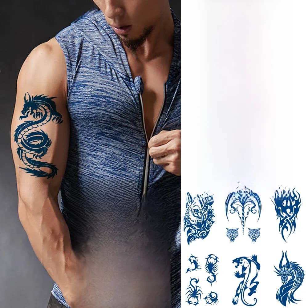 Tatouage temporaire imperméable à l'encre Juice pour homme, autocollant, tatouage temporaire, durable, loup, Scorpion, Totem, bras, faux tatouage Maori Dragon