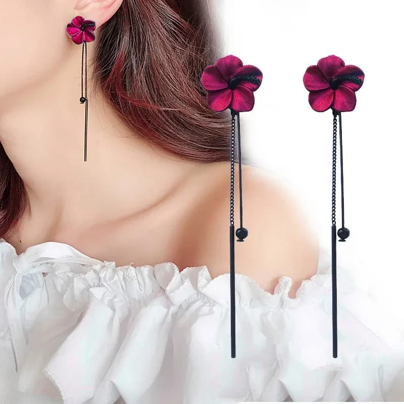 Boucles d'oreilles élégantes en forme de Rose rouge pour femmes, longues pampilles en strass, fleurs papillon, bijoux de fête de mariage pour mariée