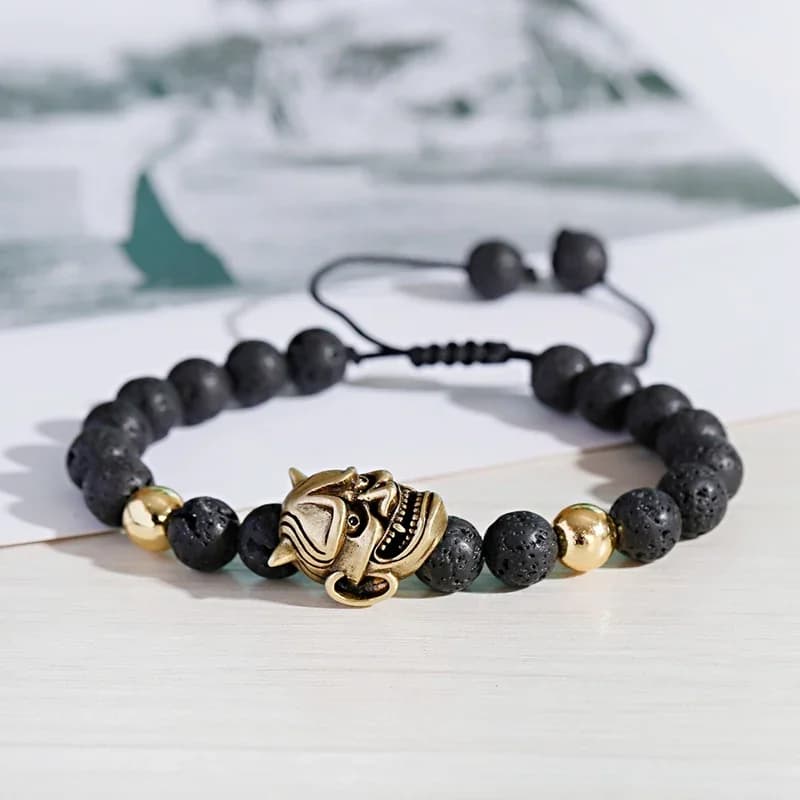 Bracelet classique en perles de pierre de lave pour hommes, en alliage de crâne de démon, corde tressée, à la mode