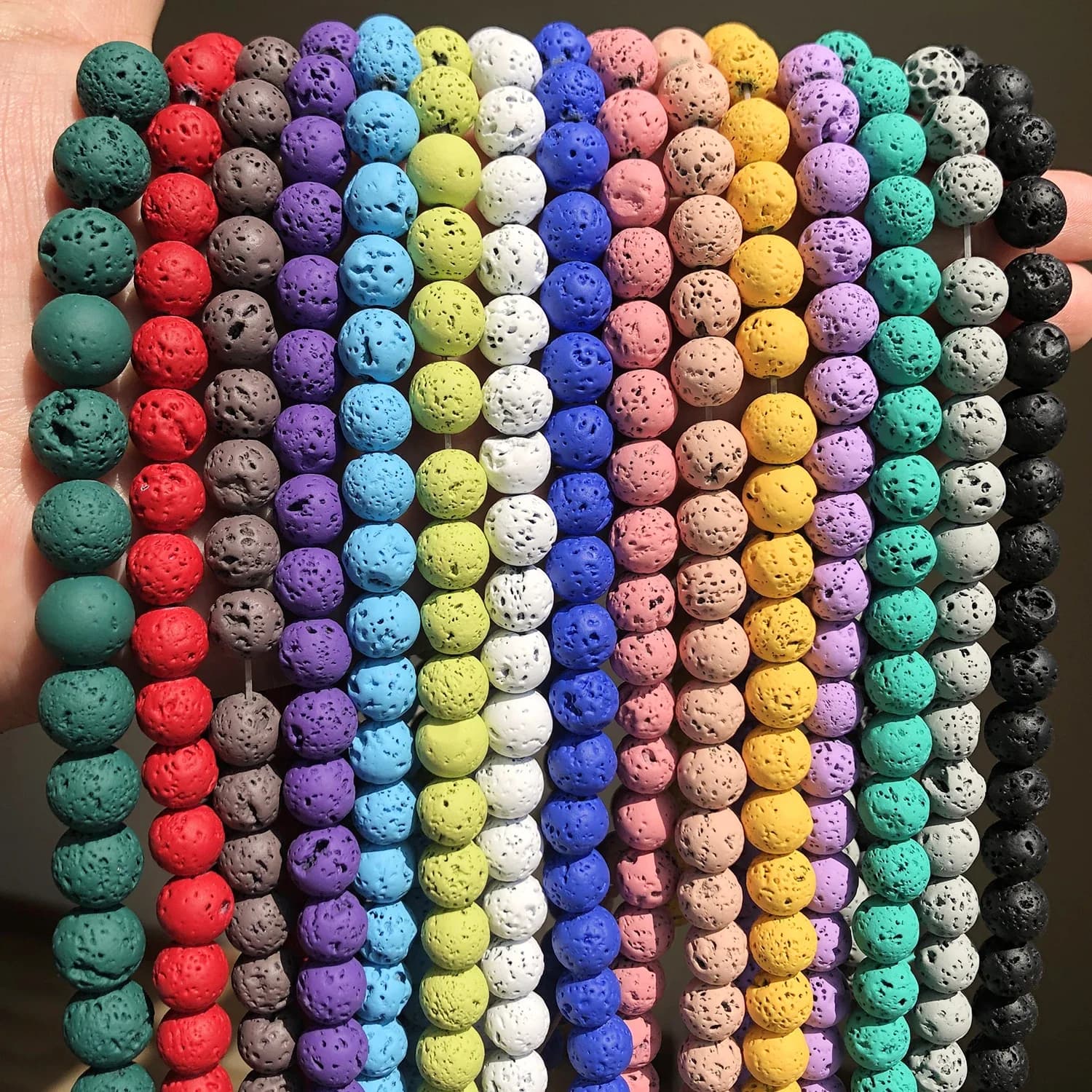 Perles rondes naturelles en caoutchouc noir vert rose, pierre de lave volcanique, perles amples pour la fabrication de bijoux, Bracelets DIY 4/6/8/10mm 15''