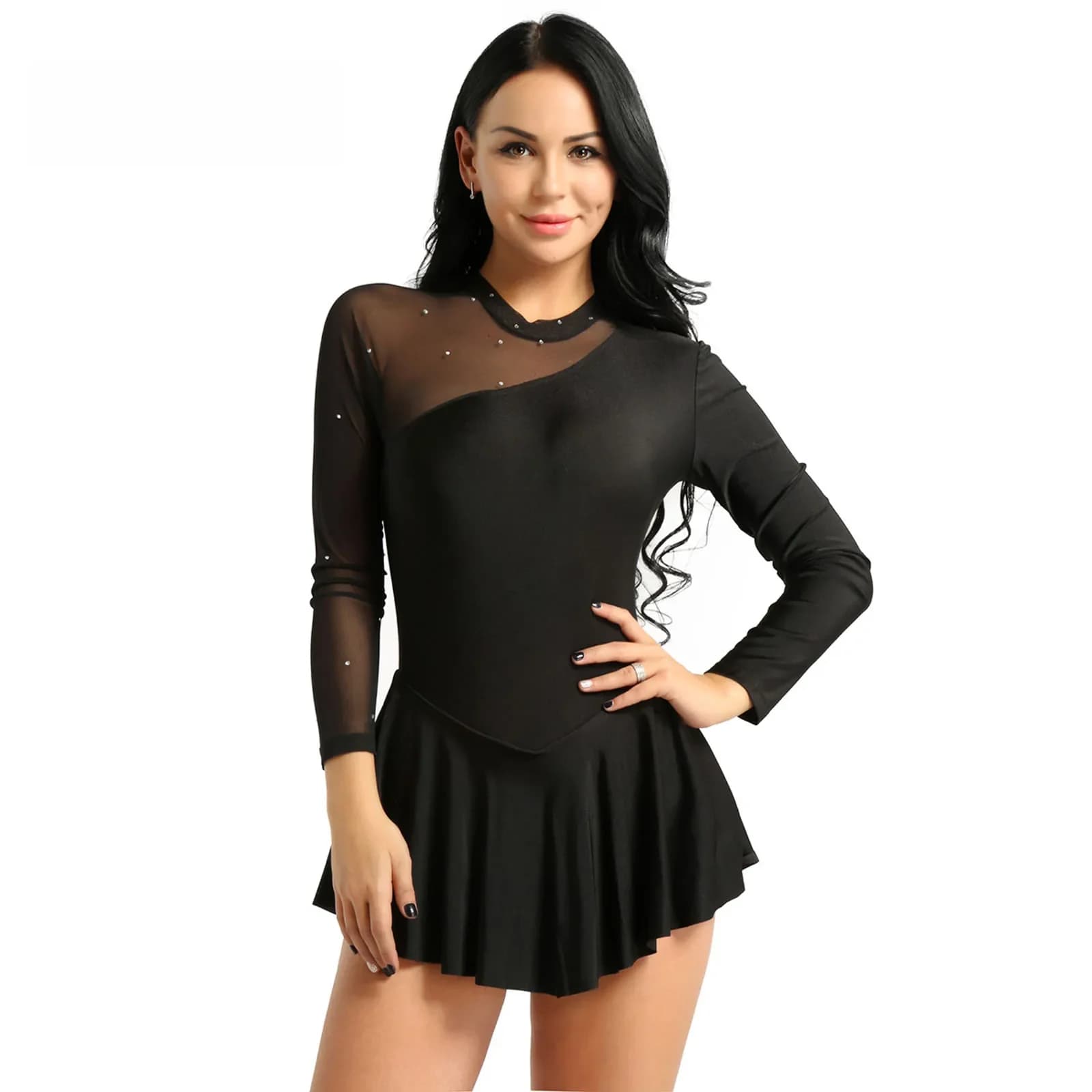 Femmes adulte à manches longues robe de patinage artistique brillant strass maille transparente Tutu Ballet gymnastique danse justaucorps robe Dancewear