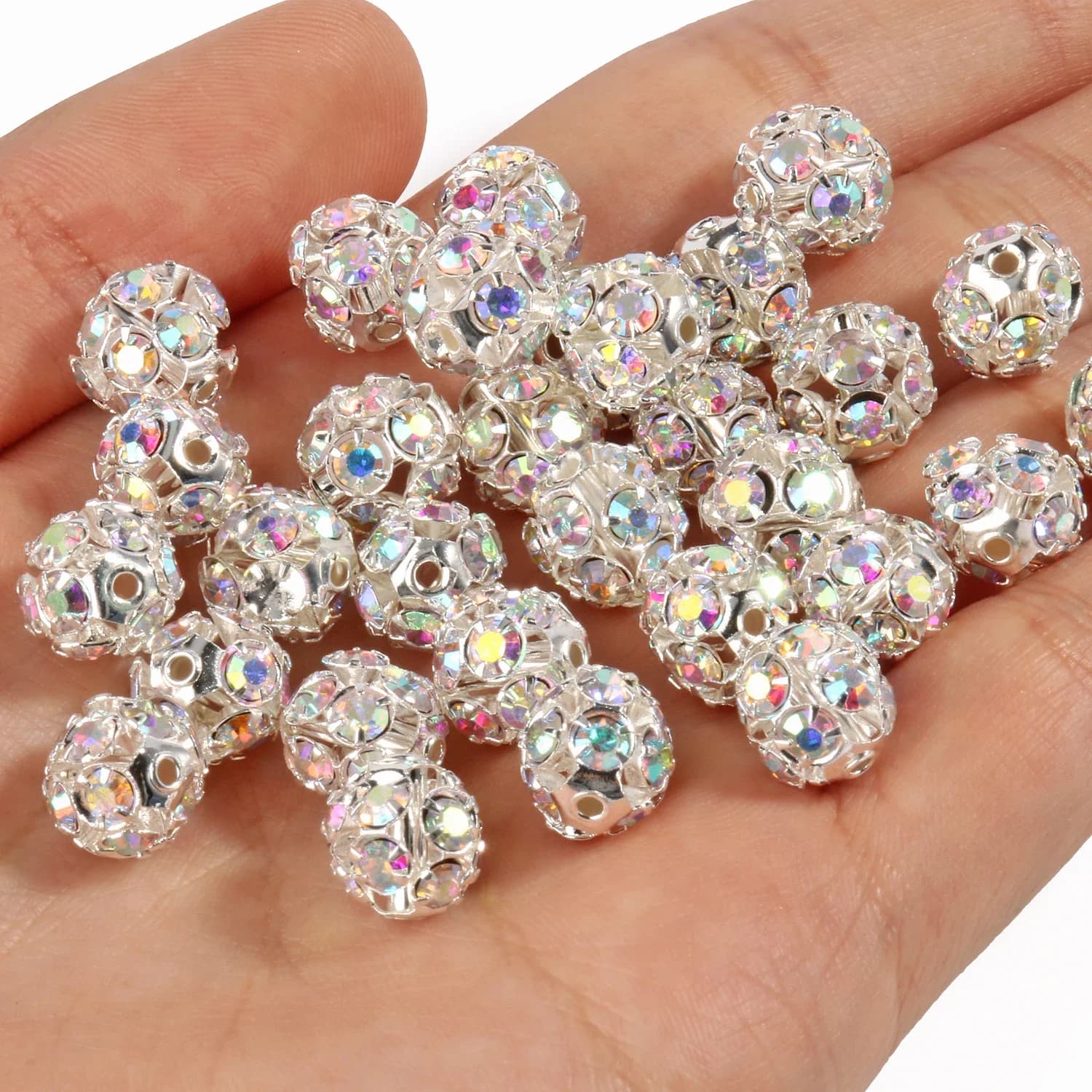 50 pc/Lot 6mm 8mm 10mm AB couleur strass boule forme perles en vrac perles de cristal en métal pour la fabrication de bijoux accessoires de bricolage