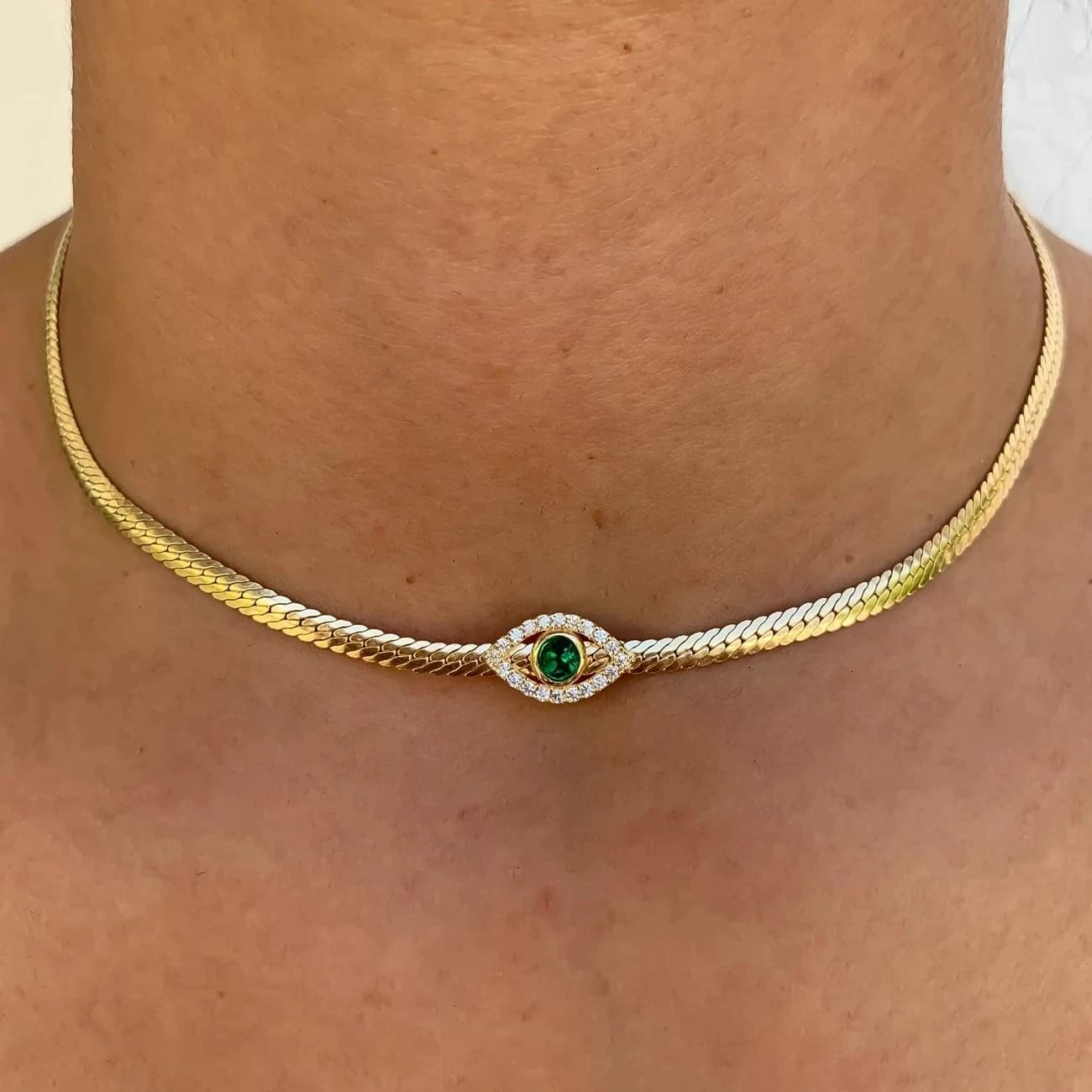 2025 été nouvelle mode 4MM plaine chevrons serpent chaîne Micro pavé CZ vert mauvais œil charme collier ras du cou bijoux pour les femmes