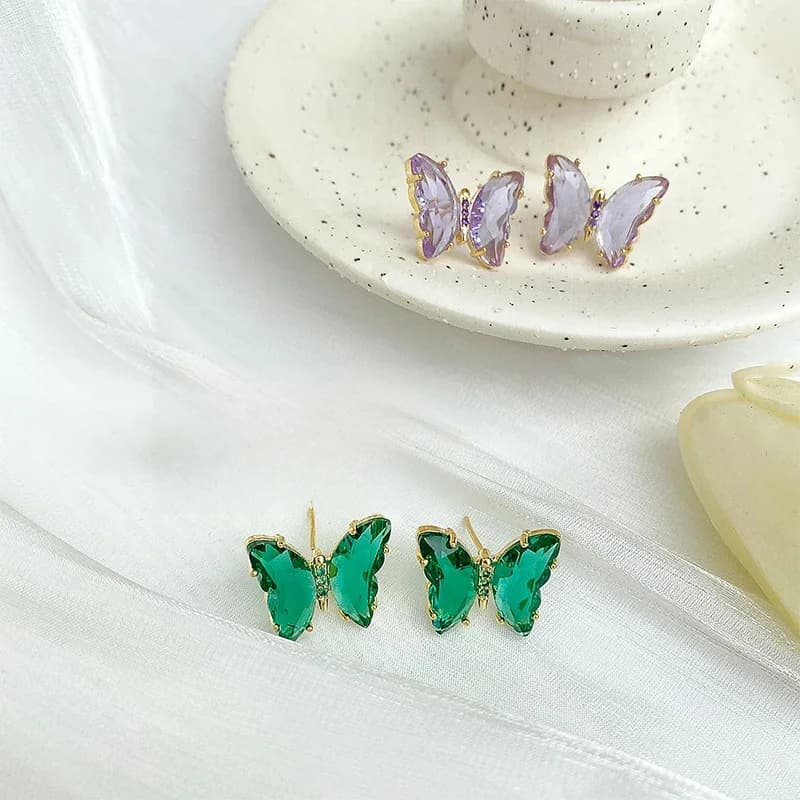 Boucles d'oreilles papillon en cristal pour femmes, vert, rose, violet, bijoux coréens mignons, mode, boucle d'oreille Bricons