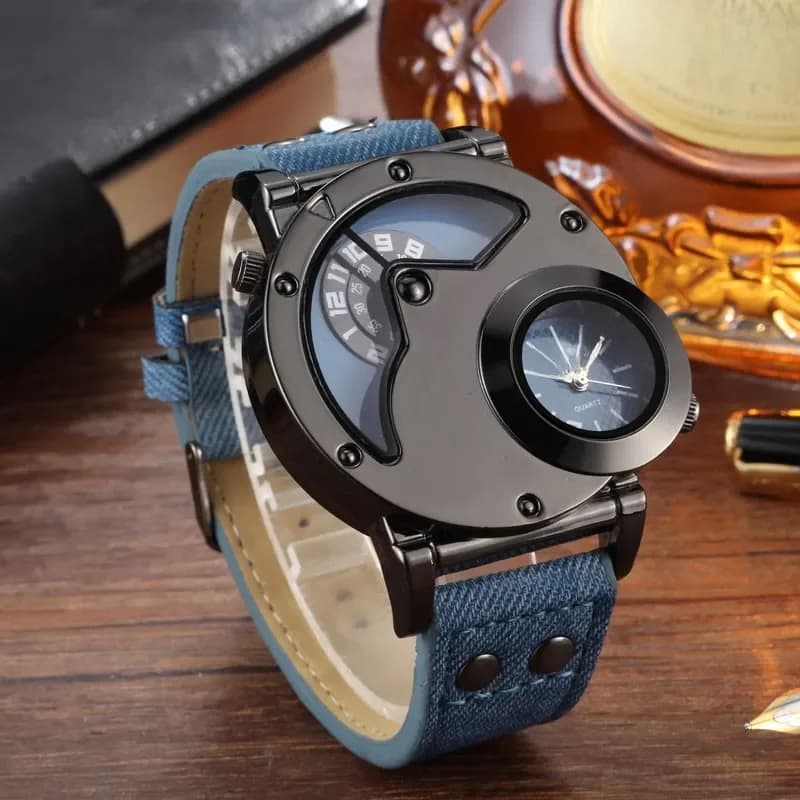 Montres de sport bleues pour hommes, 2 fuseaux horaires, toile bleue, bracelet en cuir, montres-bracelets à quartz, mode, 2021