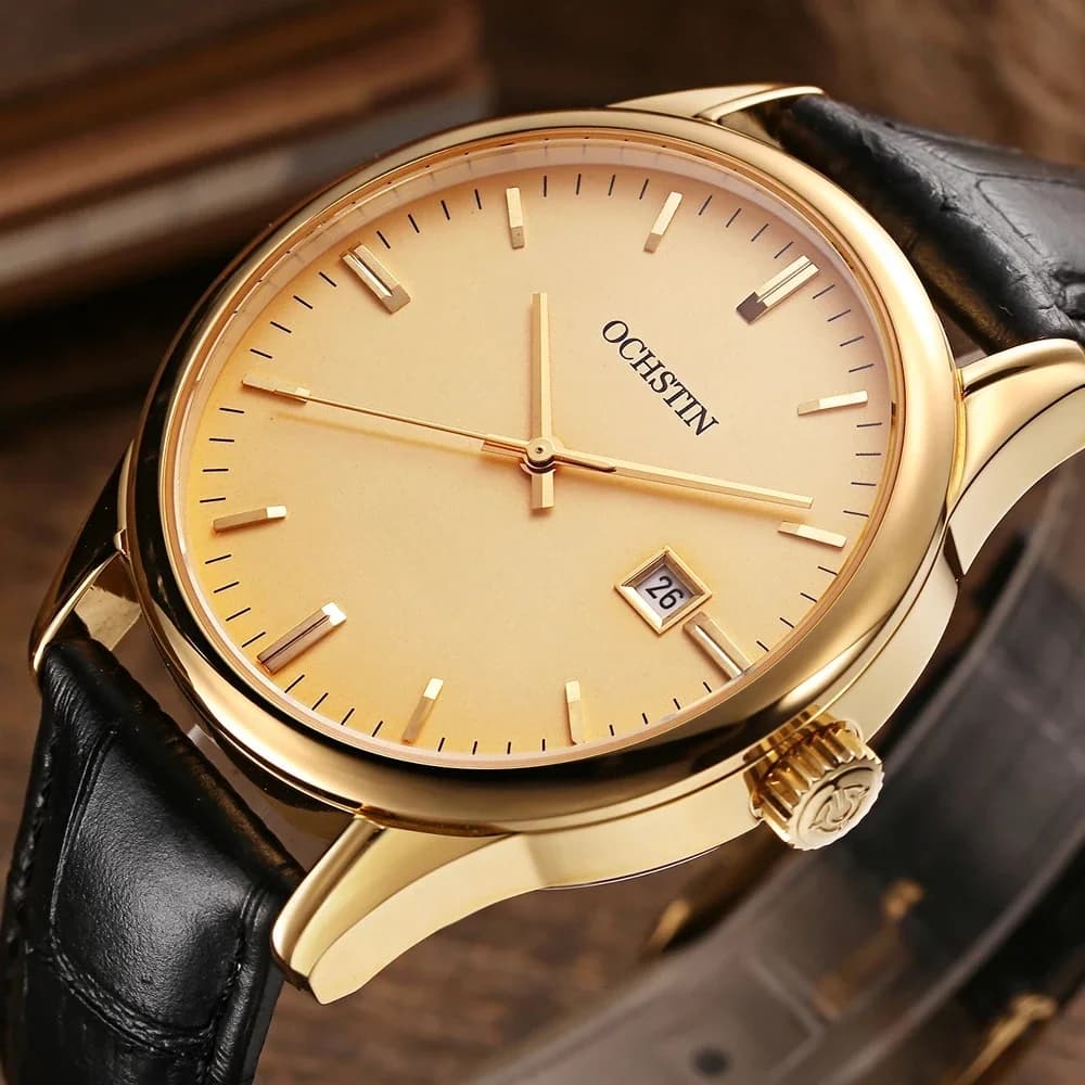 OCHSTIN automatique mécanique hommes montres affaires boîtier en acier inoxydable montre en or pour hommes étanche bracelet en cuir mâle horloge