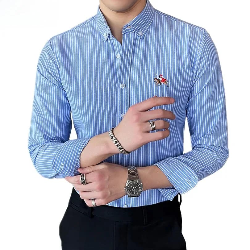 Chemise à rayures bleue à simple boutonnage et col boutonné pour hommes, chemises en coton à manches longues pour hommes, rouge et gris, grande Camisa/Chemise