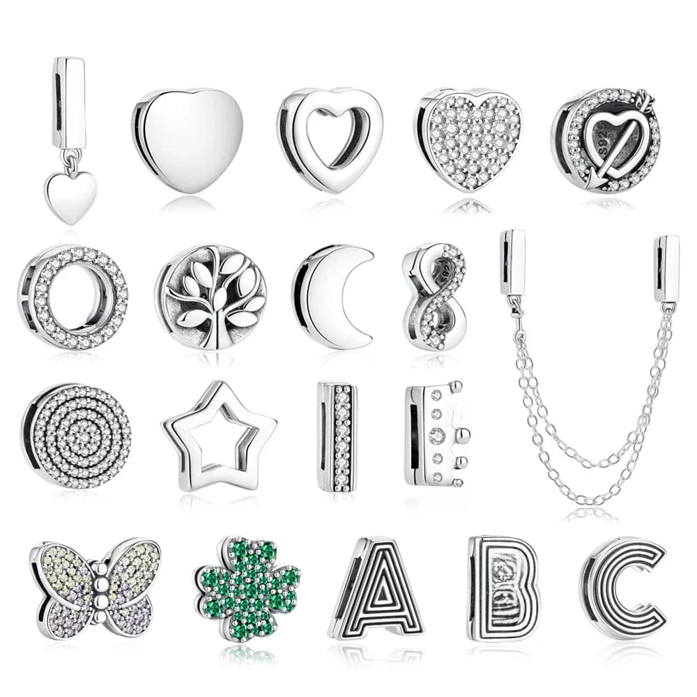 Breloques originales en argent sterling 925, clips plats, cœurs, papillons, lettres, chaînes, perles compatibles avec les bracelets de marque, bijoux DIY pour femmes.
