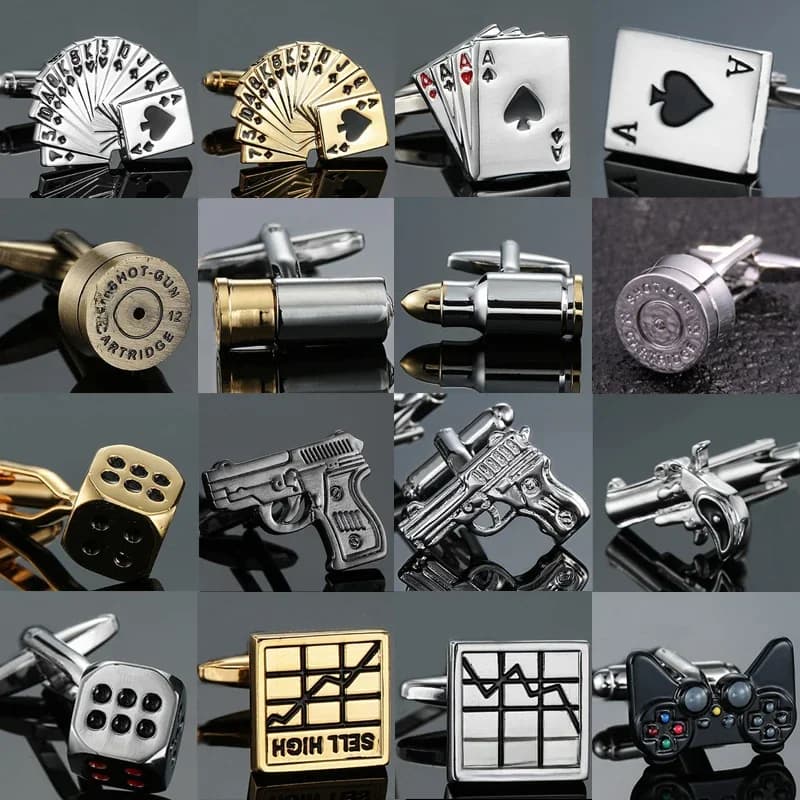 AS haute qualité carte à jouer boutons de manchette nouveau stock de mode marteau dés pistolet boutons de manchette hommes chemise badge broche cadeau de fête d'anniversaire