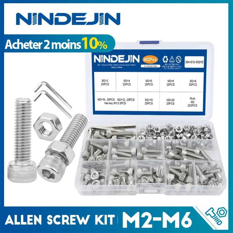 NINDEJIN – kit de vis à tête allen m2 m2.5 m3 m4 m5 m6, jeu d'écrous en acier inoxydable, douille hexagonale, DIN912