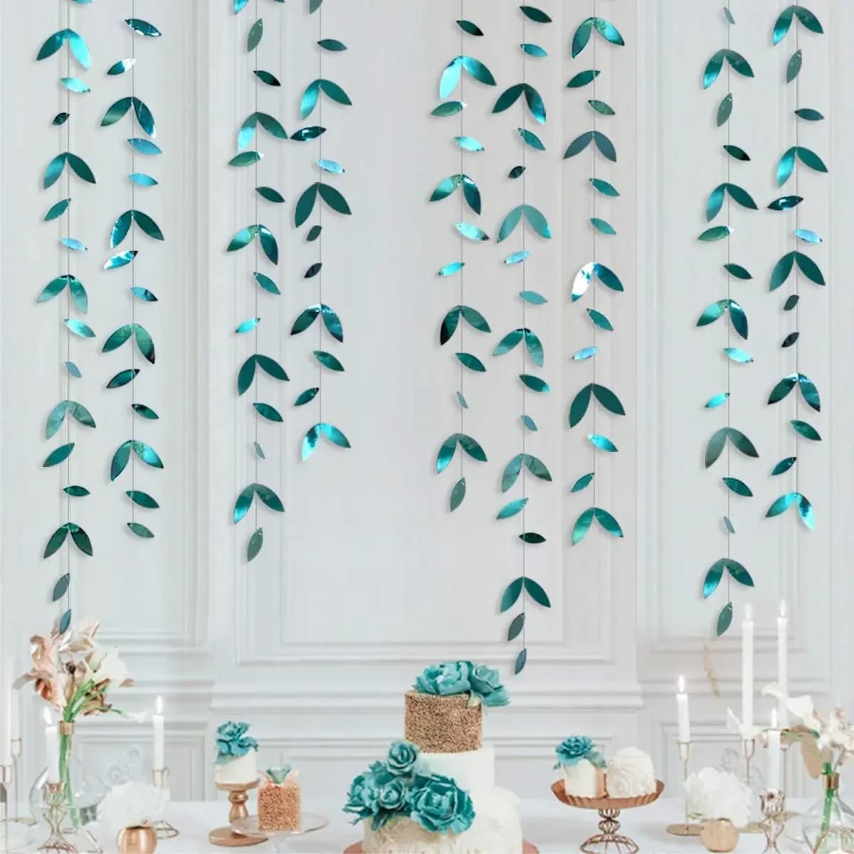 Guirlande de feuilles vertes émeraude foncées de 4M, banderole de feuilles suspendues en papier, bannière bleu sarcelle pour décorations de fête d'anniversaire de mariage d'été