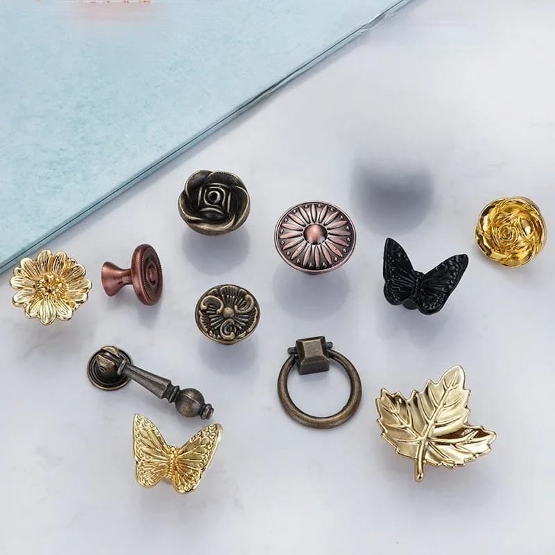 Poignée de meuble à trou unique, anneaux de feuille de papillon, or rétro, porte d'armoire et boutons ronds, poignée moletée, diapositives