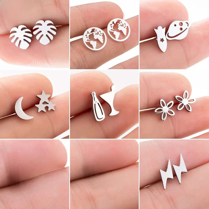 Boucles d'oreilles clous multiples en acier inoxydable noir pour femmes et hommes, bijoux de piercing tendance avec motifs vaisseaux spatiaux, ciseaux, Tour Eiffel, étoiles et lunes