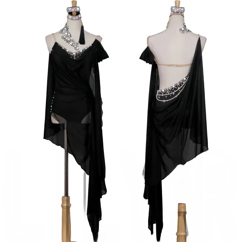 Robe de danse latine dos nu sexy avec perles, robe de danse assortie, noir, pratique, coupe de support, Rotterdam, kle, diamant