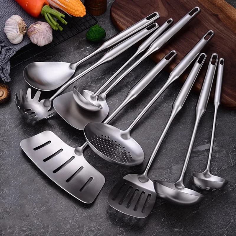 Ensemble d'ustensiles de cuisine en acier inoxydable, 9 pièces, outils de cuisine résistants à la chaleur, ustensiles de cuisine, cuillère à soupe, passoire à pâtes