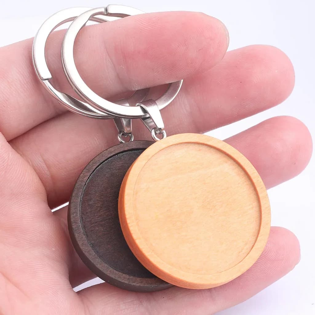 Porte-clés Double face en bois, 5 pièces, Base de Cabochon, réglage des blancs, 30mm de diamètre, plateaux de lunette pendentif, bricolage, accessoires de porte-clés en métal