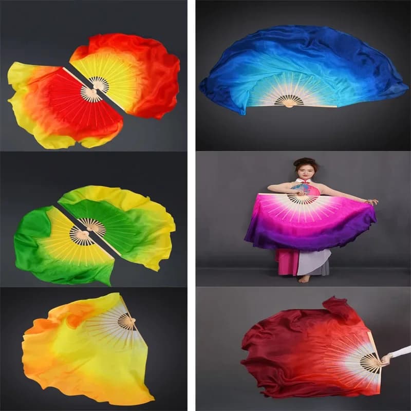 1 paire (1L + 1R) dégradé de couleur danse du ventre soie ventilateur voiles deux côtés véritable soie pliant ventilateur Oriental danse accessoires Fans 41 cm-86 cm de long