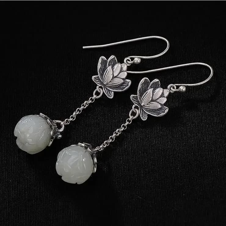 Boucles d'oreilles longues originales en jade blanc Hetian naturel, lotus, rétro chinois, léger, charme de luxe, marque de bijoux en argent pour femmes